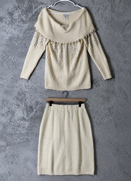 Vintage Dresses & Skirts - Vintage Ivory Lambswool Angora Beaded Ribbed Knit Sweater Skirt Set Quiet Luxury